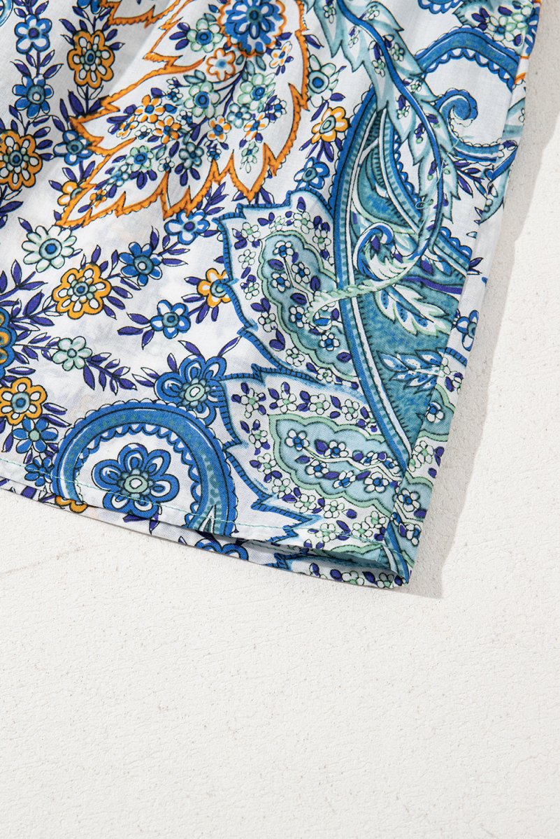 Blue Bohemian Paisley Floral V Neck Short Sleeve Mini Dress