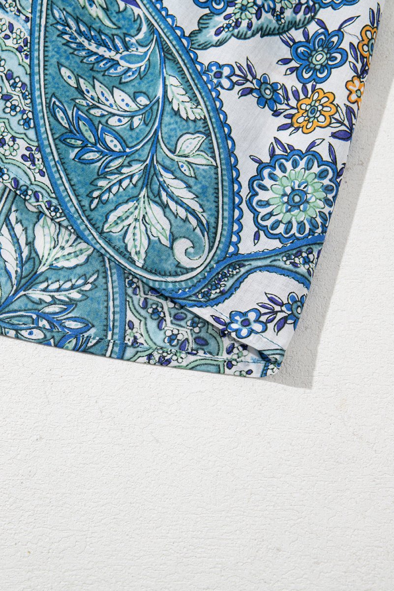 Blue Bohemian Paisley Floral V Neck Short Sleeve Mini Dress