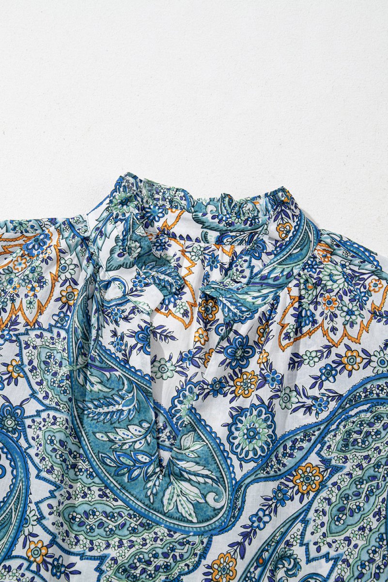 Blue Bohemian Paisley Floral V Neck Short Sleeve Mini Dress