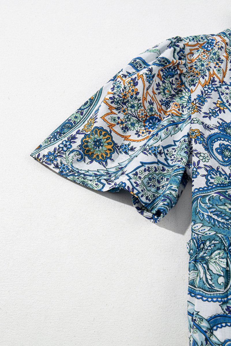 Blue Bohemian Paisley Floral V Neck Short Sleeve Mini Dress