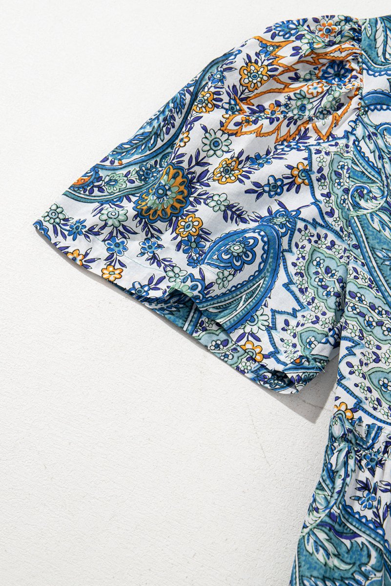 Blue Bohemian Paisley Floral V Neck Short Sleeve Mini Dress