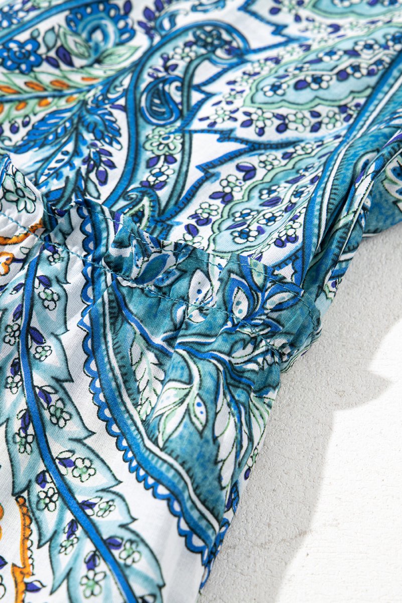 Blue Bohemian Paisley Floral V Neck Short Sleeve Mini Dress