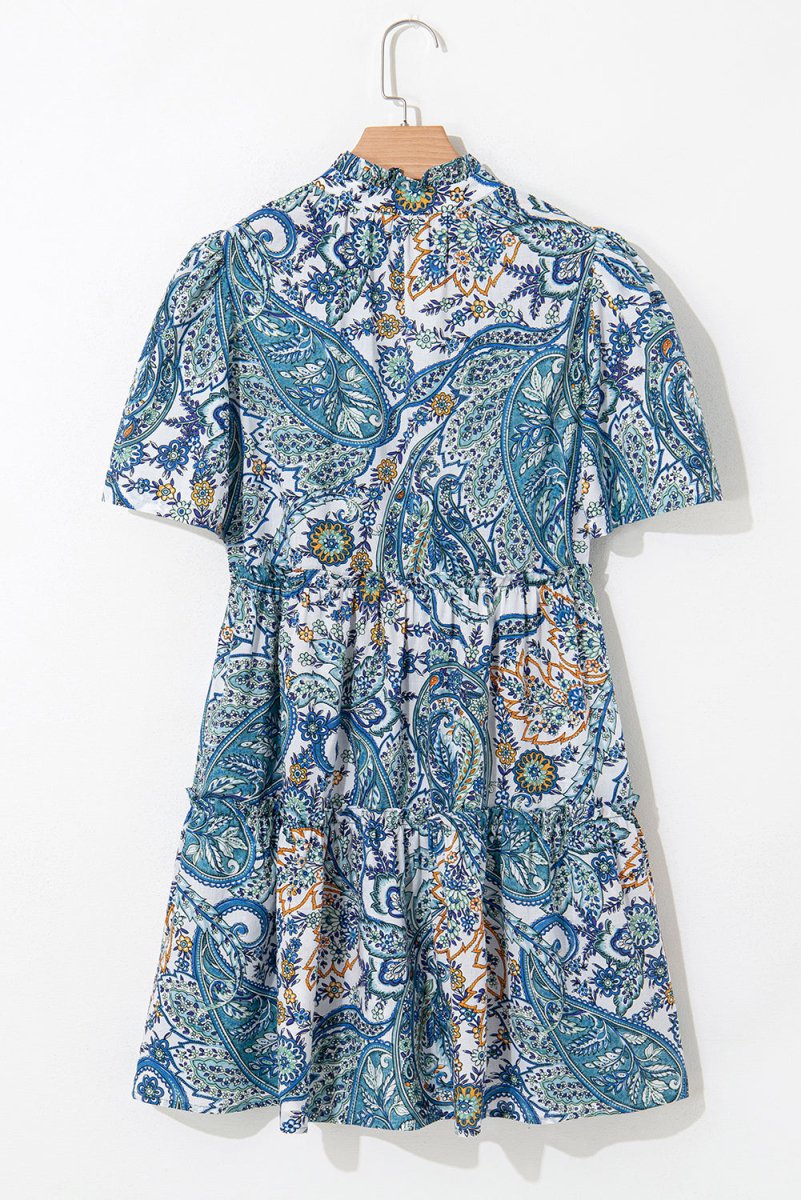 Blue Bohemian Paisley Floral V Neck Short Sleeve Mini Dress