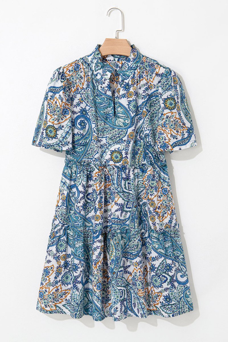 Blue Bohemian Paisley Floral V Neck Short Sleeve Mini Dress