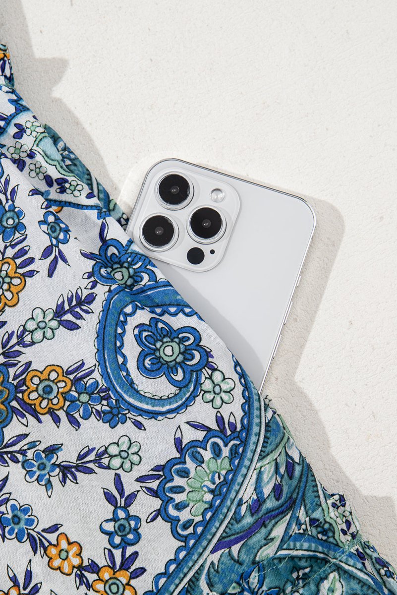 Blue Bohemian Paisley Floral V Neck Short Sleeve Mini Dress