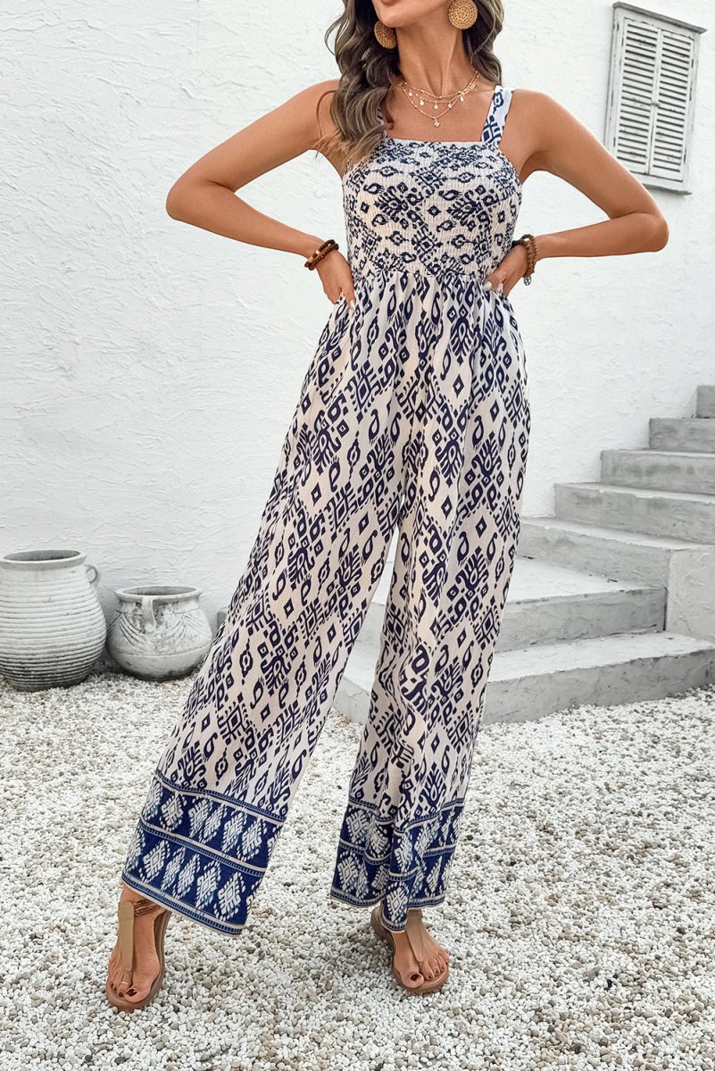 Blue Boho Geometric Print Shirred High Waist Jumpsuit