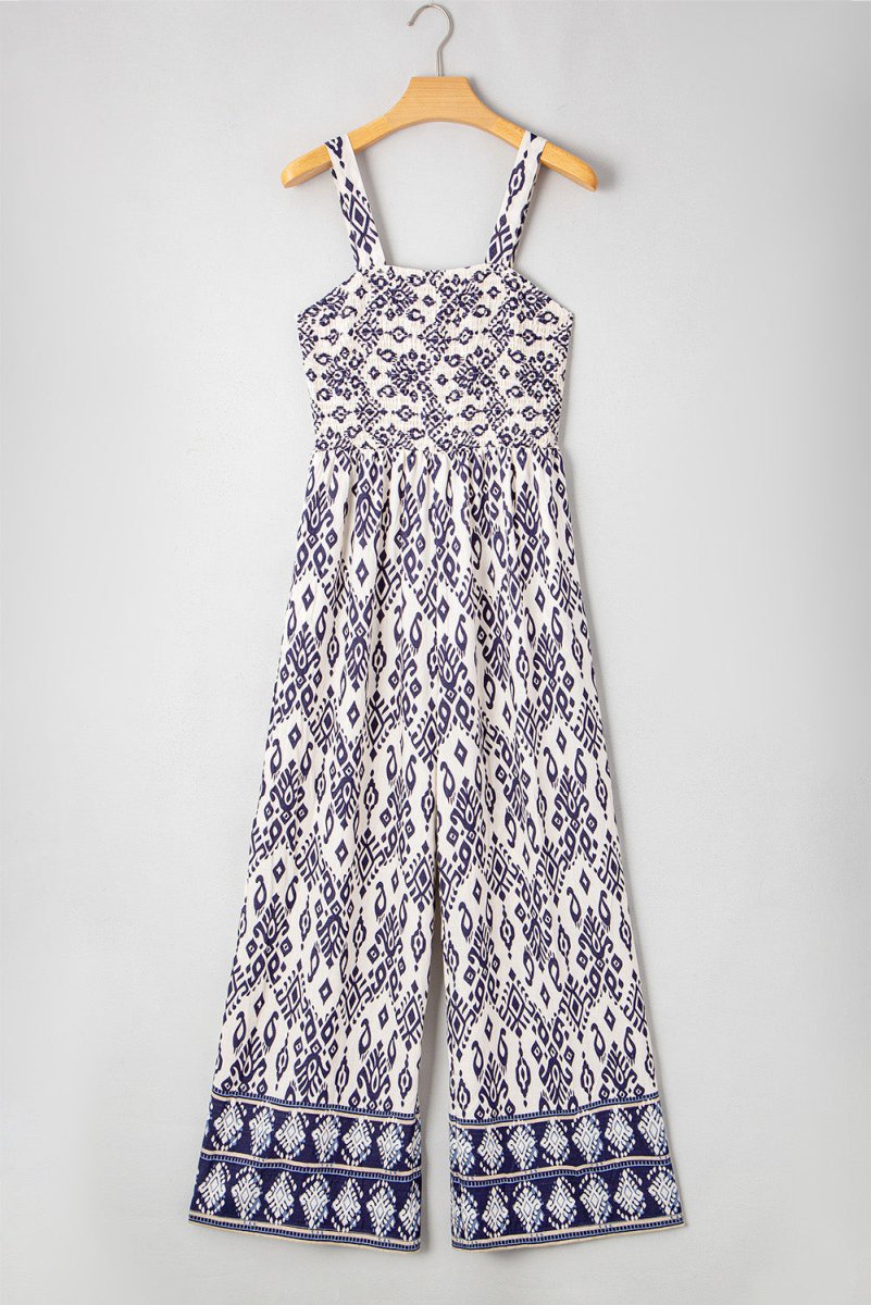 Blue Boho Geometric Print Shirred High Waist Jumpsuit