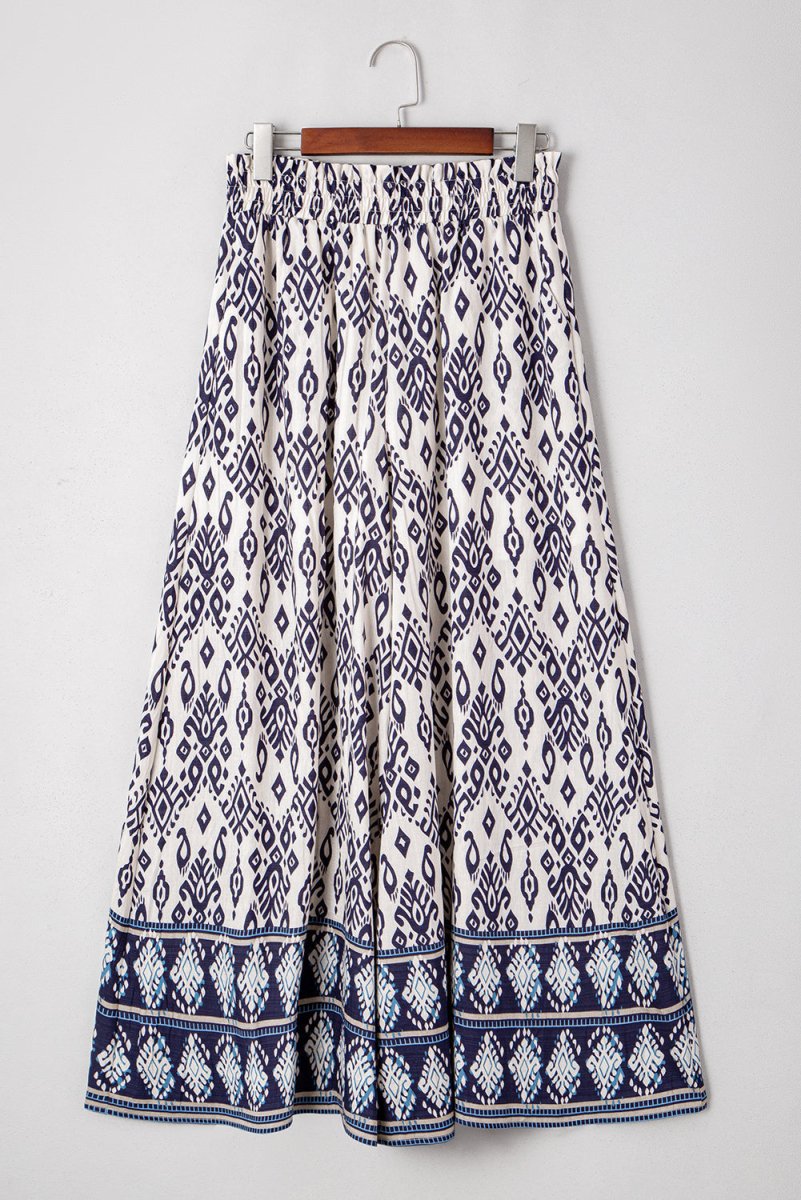 Blue Boho Pattern Print High Waist Wide Leg Loose Pants