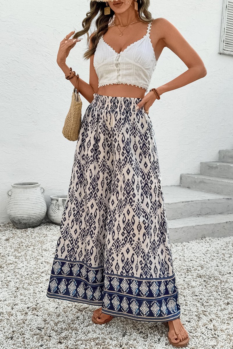 Blue Boho Pattern Print High Waist Wide Leg Loose Pants