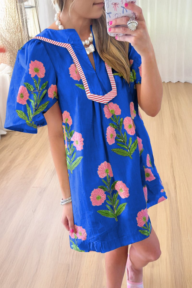 Blue Floral Short Sleeve Split Neck Loose Mini Dress