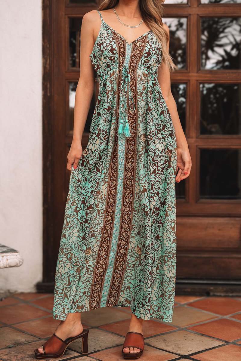 Boho Green Floral V Neck Maxi Dress with Ruffled Trim