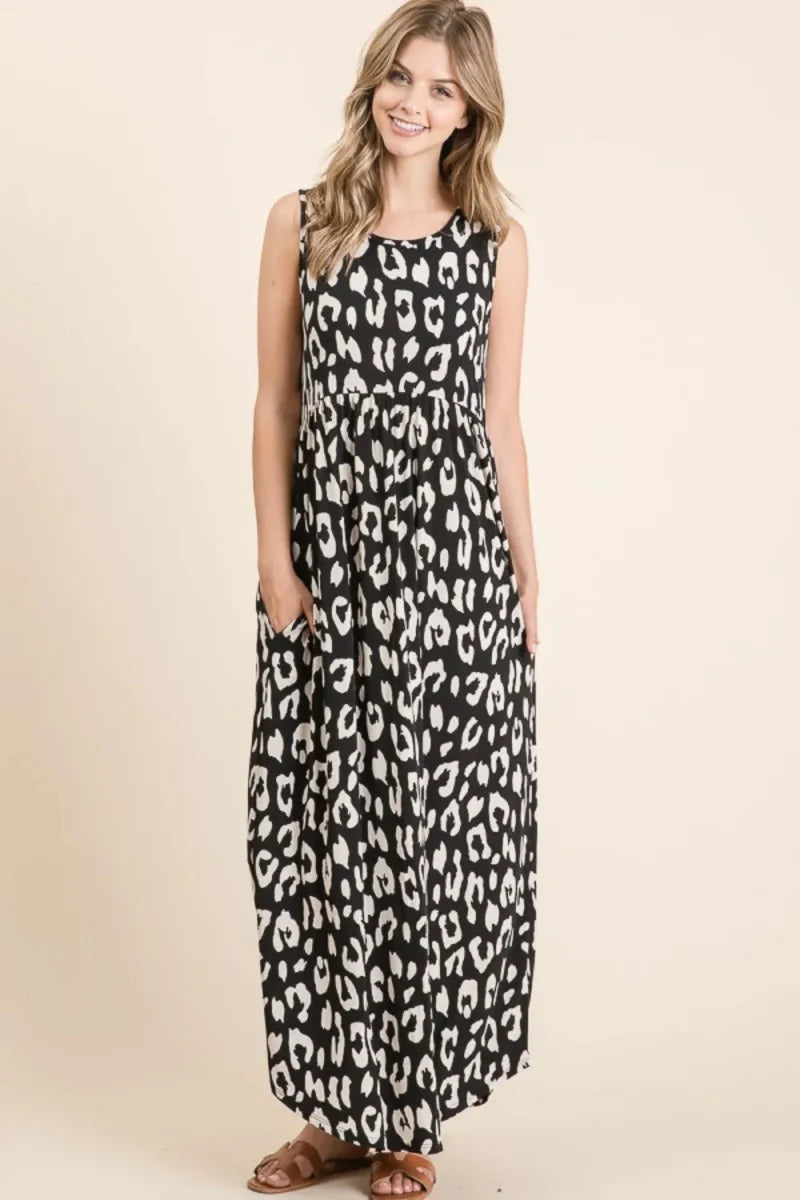 BOMBOM Leopard Maxi Dress with Pockets for Stylish Comfort