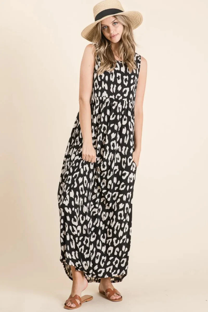 BOMBOM Leopard Maxi Dress with Pockets for Stylish Comfort