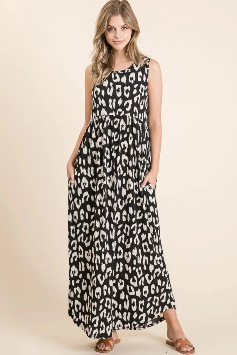 BOMBOM Leopard Maxi Dress with Pockets for Stylish Comfort