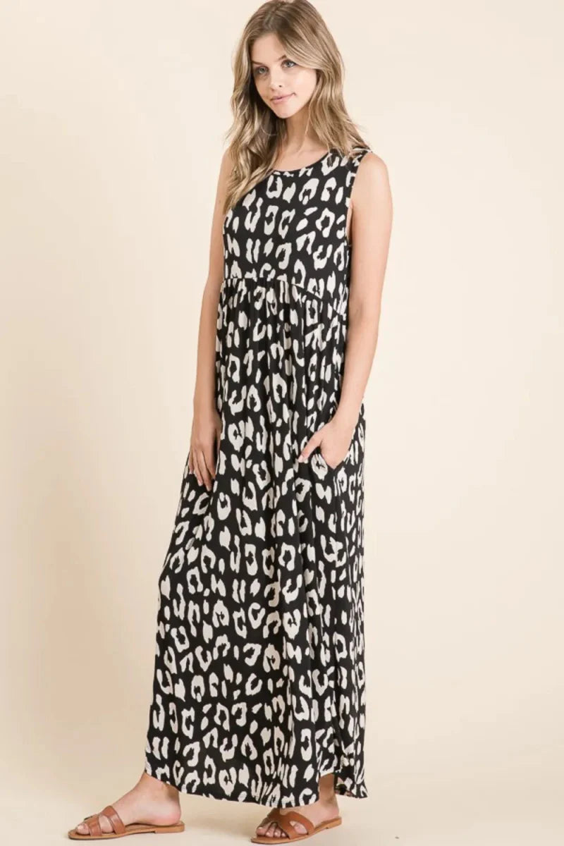 BOMBOM Leopard Maxi Dress with Pockets for Stylish Comfort