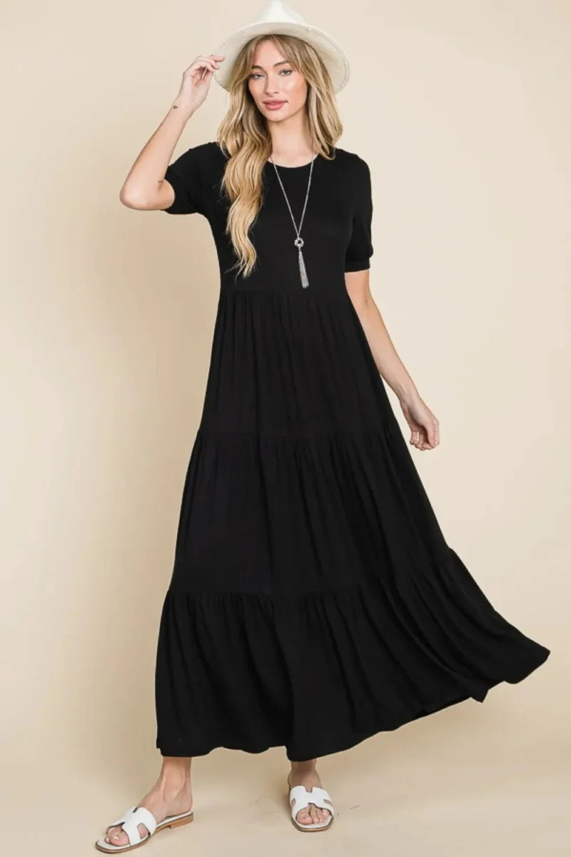 BOMBOM Short Sleeve Tiered Maxi Dress for Effortless Style