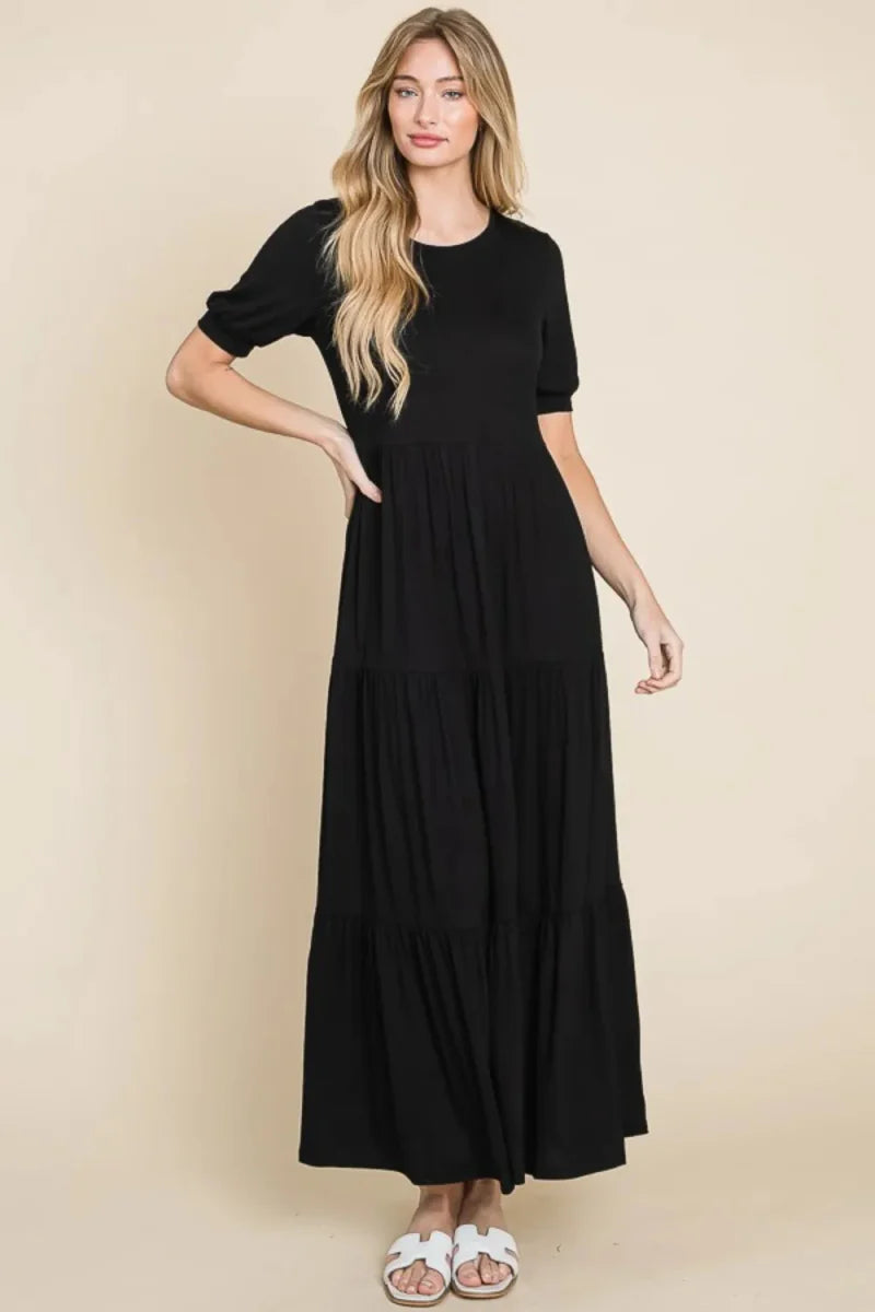BOMBOM Short Sleeve Tiered Maxi Dress for Effortless Style
