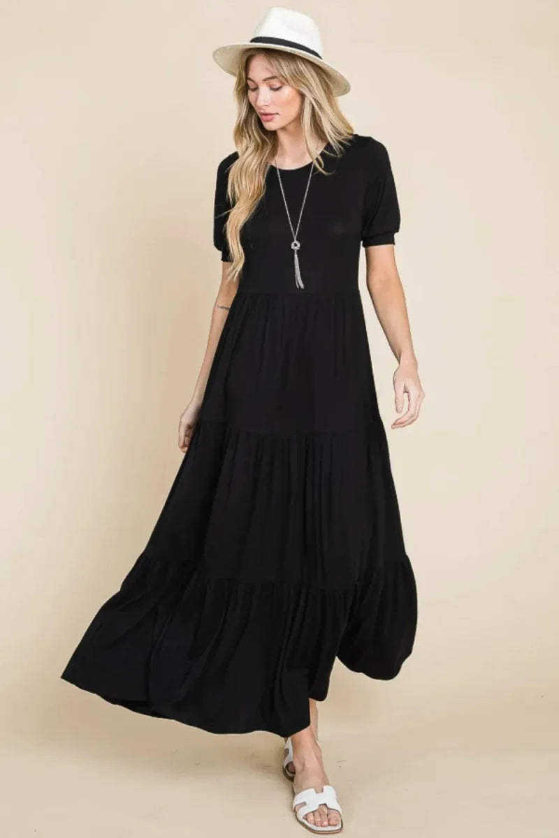 BOMBOM Short Sleeve Tiered Maxi Dress for Effortless Style