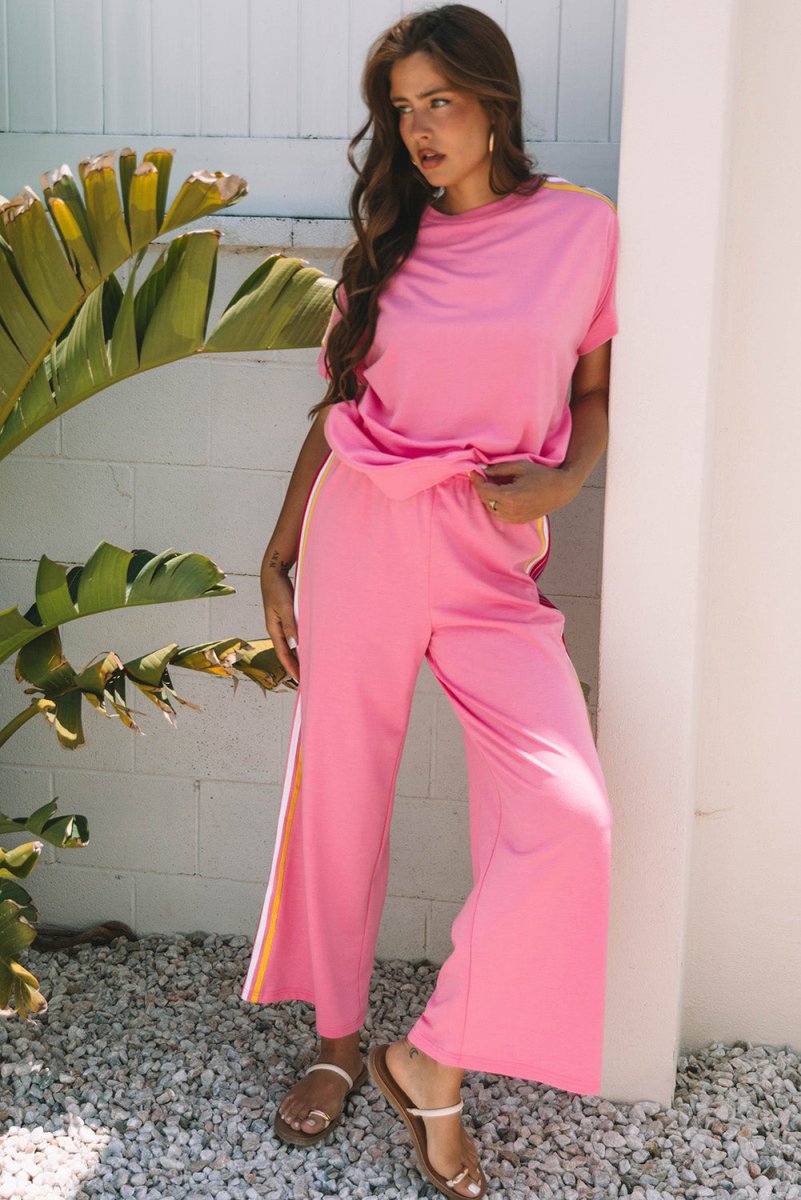Bonbon Color Contrast Crewneck T Shirt and Wide Leg Pants Set