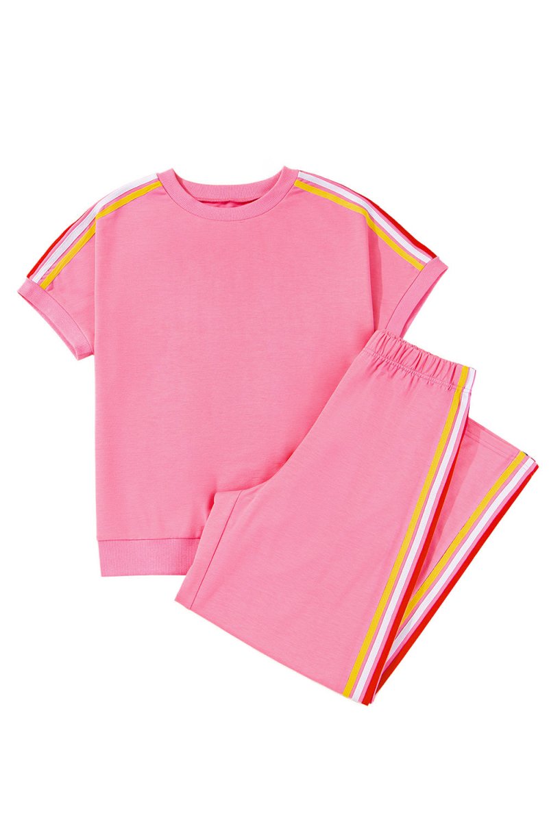 Bonbon Color Contrast Crewneck T Shirt and Wide Leg Pants Set