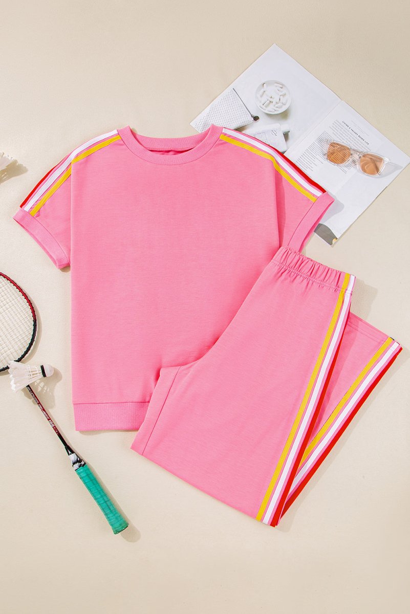 Bonbon Color Contrast Crewneck T Shirt and Wide Leg Pants Set