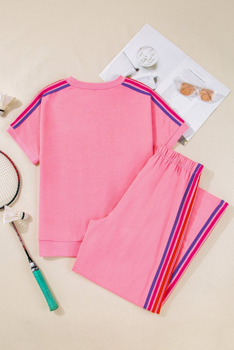 Bonbon Color Contrast Crewneck T Shirt and Wide Leg Pants Set