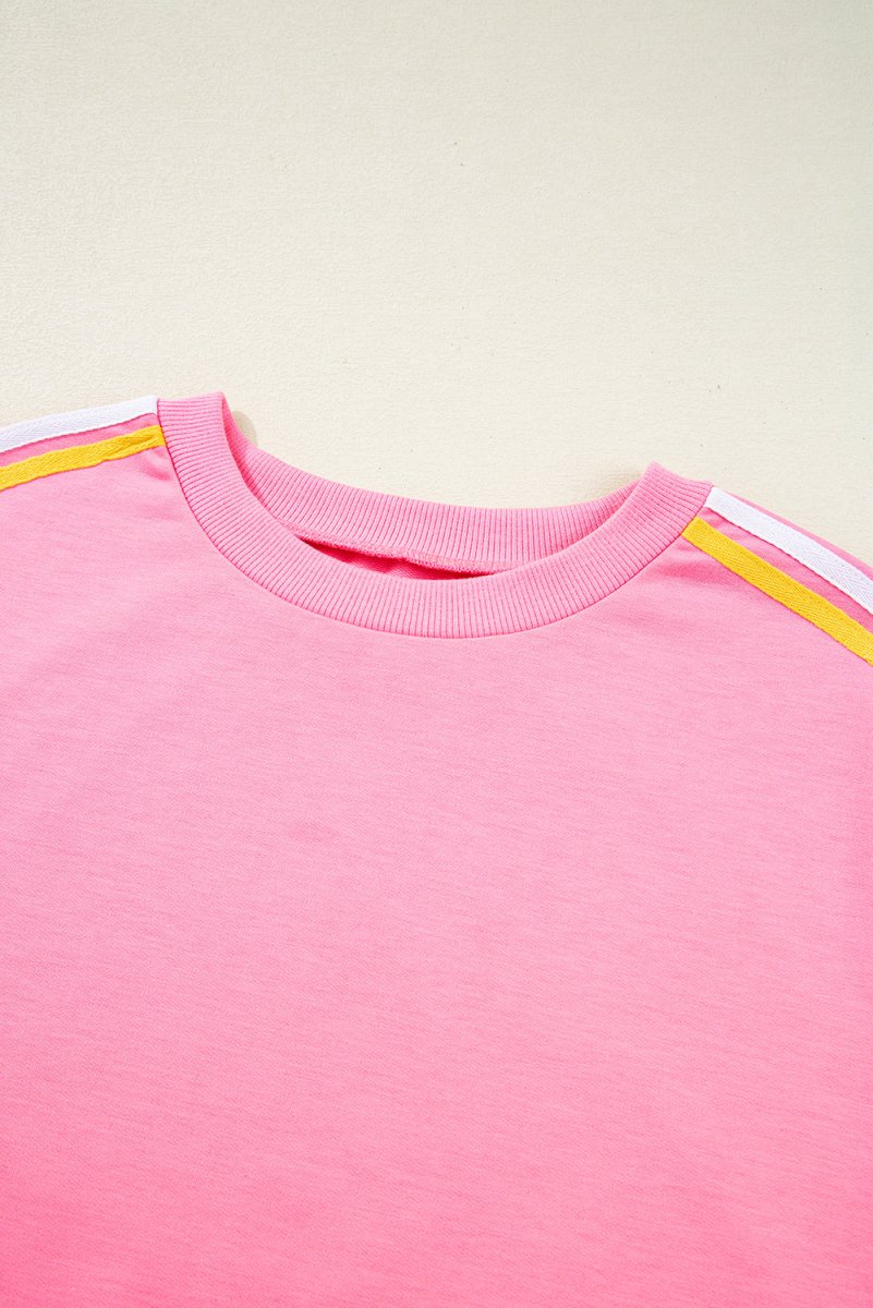 Bonbon Color Contrast Crewneck T Shirt and Wide Leg Pants Set