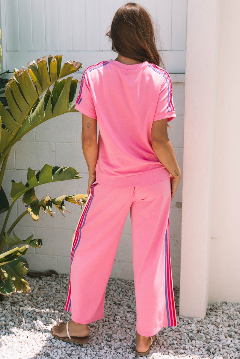 Bonbon Color Contrast Crewneck T Shirt and Wide Leg Pants Set