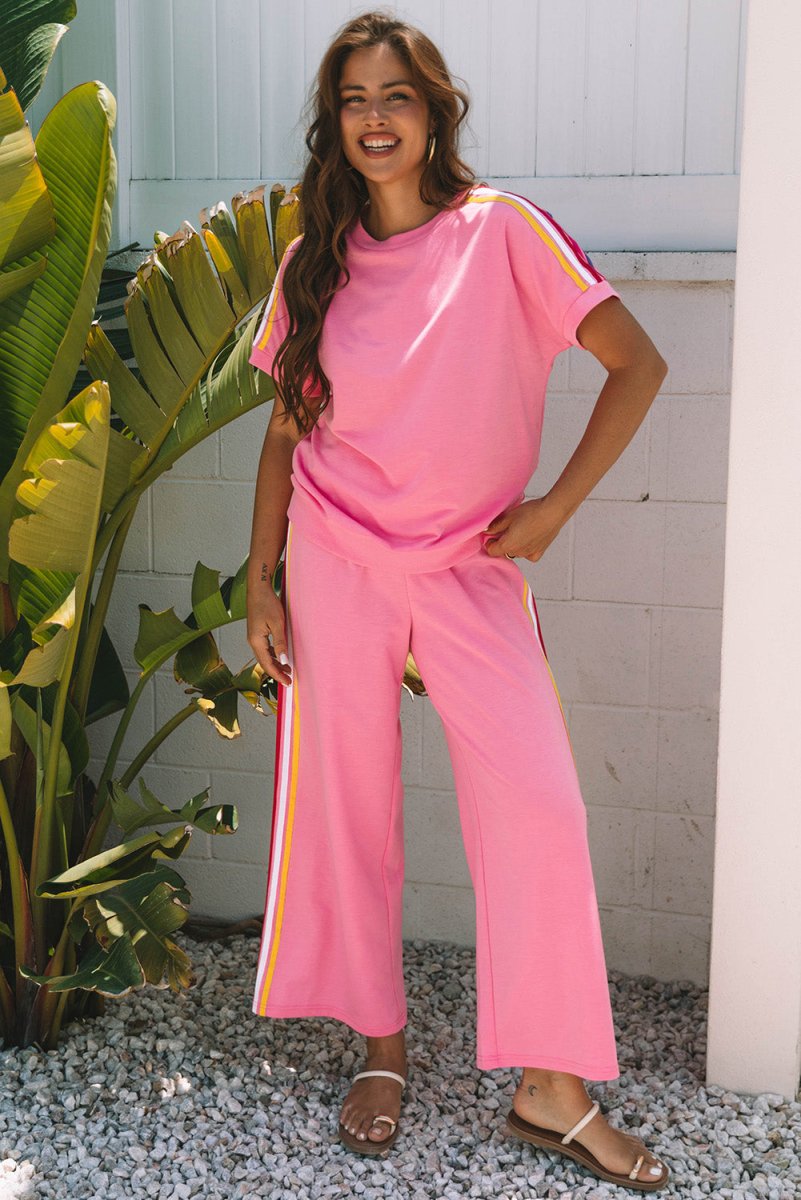 Bonbon Color Contrast Crewneck T Shirt and Wide Leg Pants Set