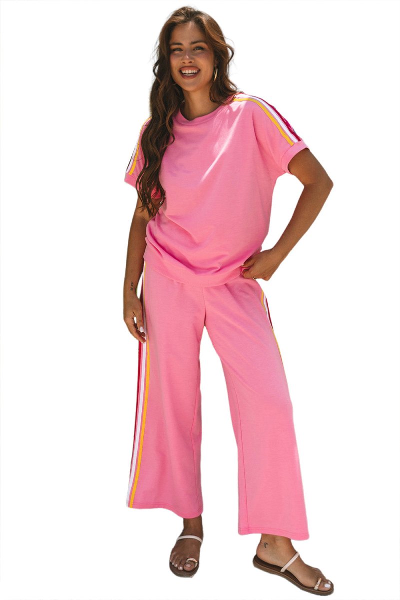 Bonbon Color Contrast Crewneck T Shirt and Wide Leg Pants Set