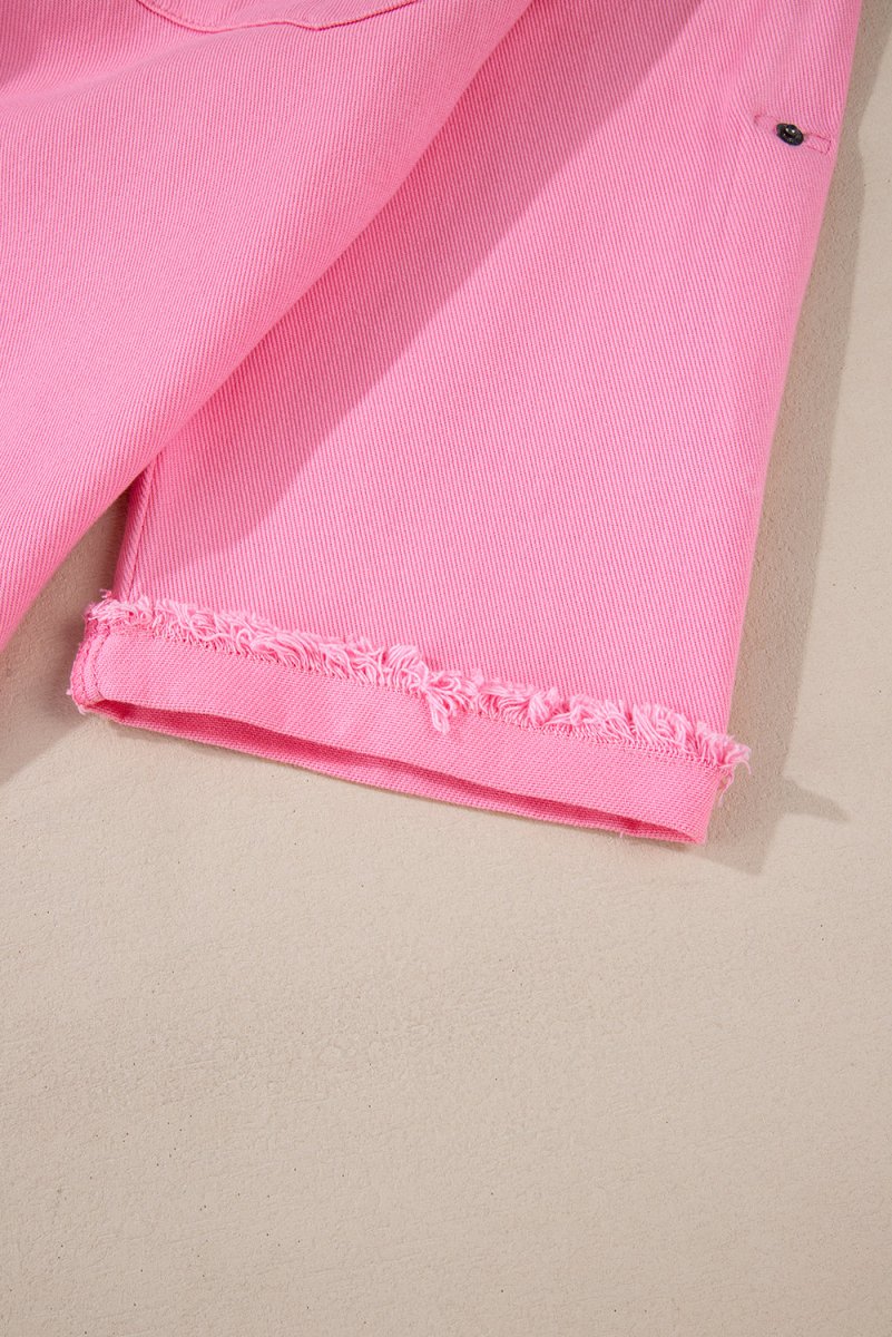 Bonbon Pearl Beaded Raw Hem Button Up Denim Jacket for Women