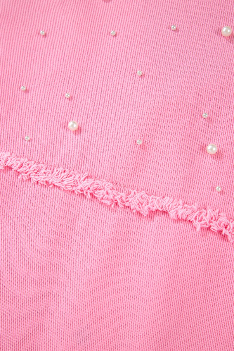 Bonbon Pearl Beaded Raw Hem Button Up Denim Jacket for Women