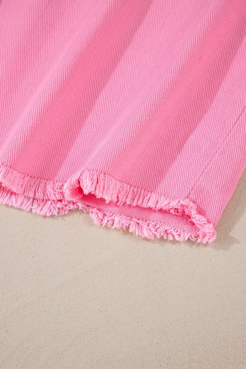 Bonbon Pearl Beaded Raw Hem Button Up Denim Jacket for Women