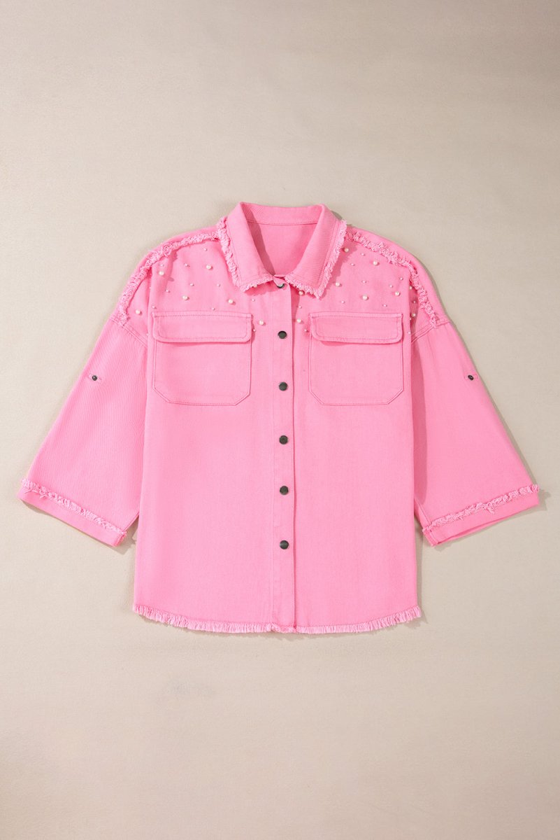 Bonbon Pearl Beaded Raw Hem Button Up Denim Jacket for Women