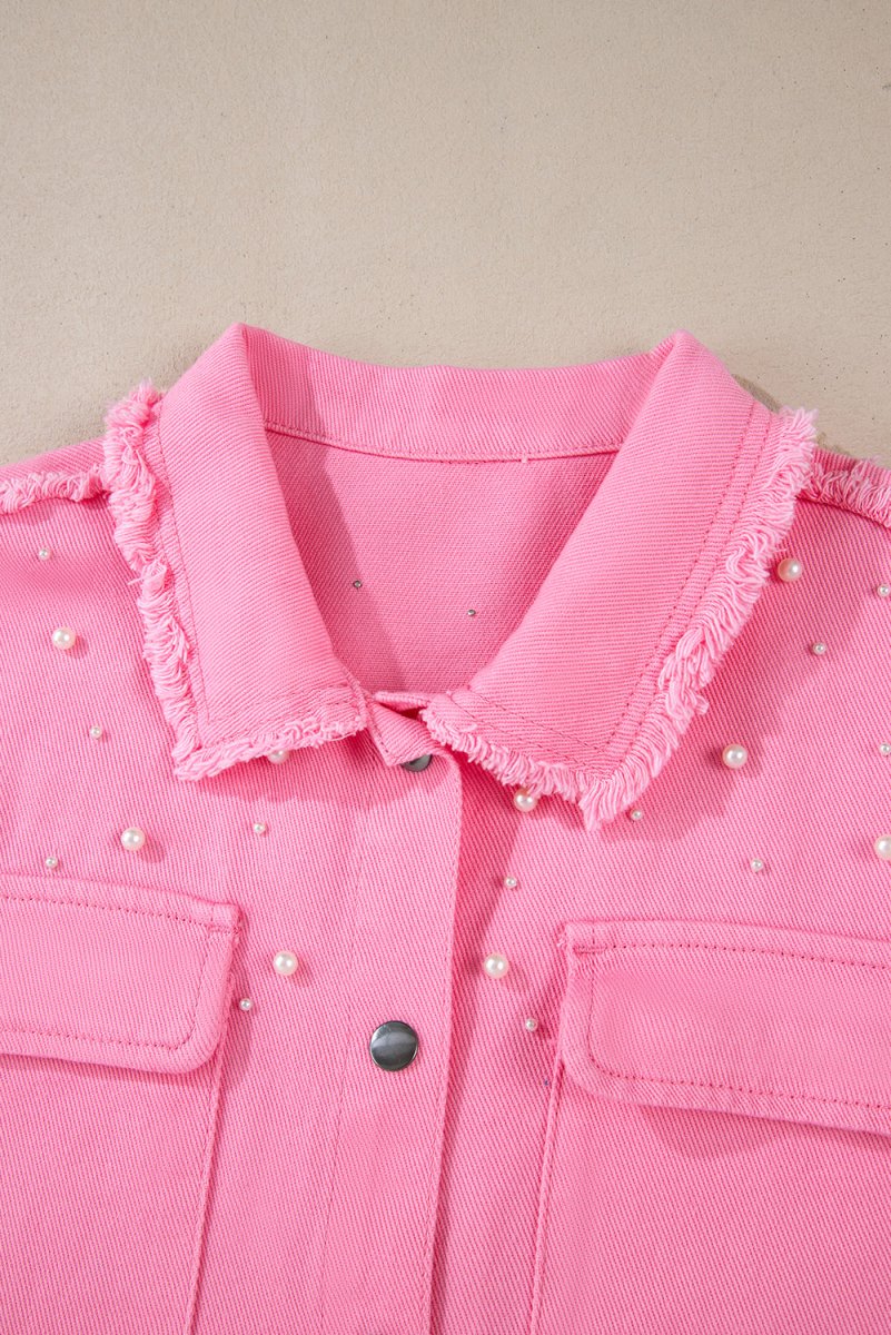 Bonbon Pearl Beaded Raw Hem Button Up Denim Jacket for Women