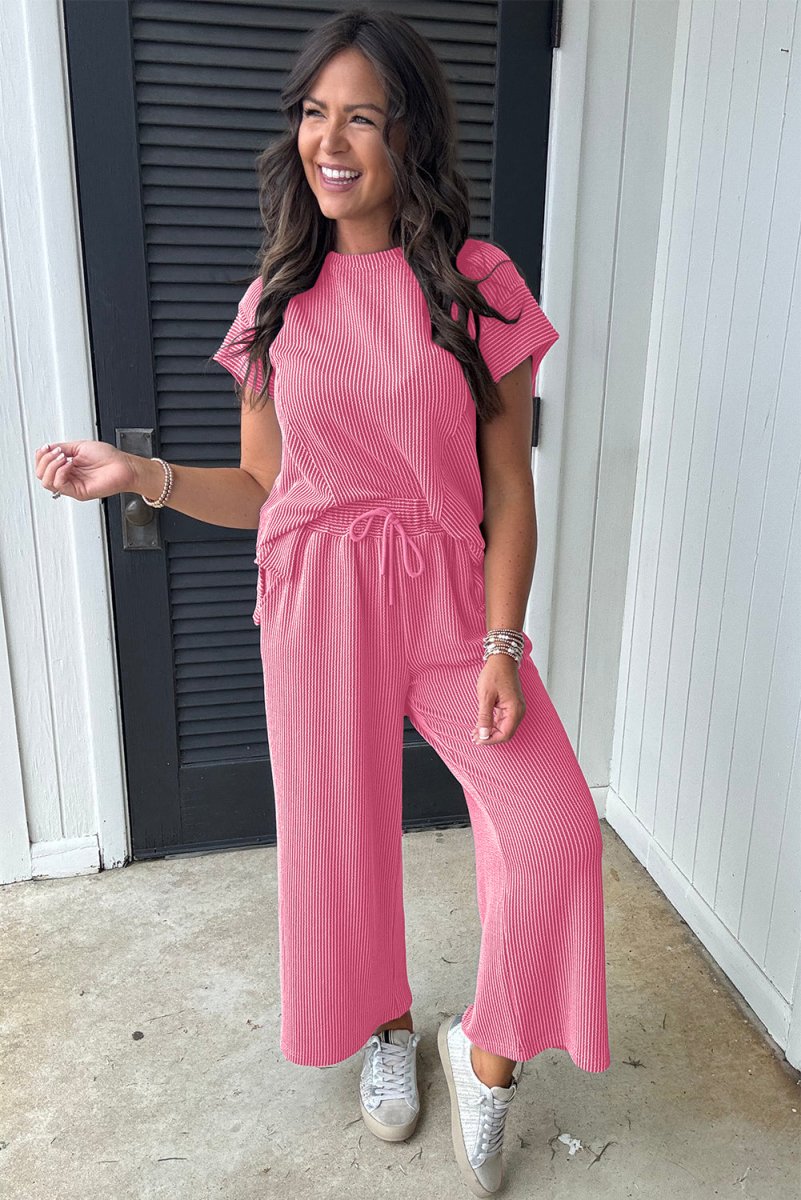 Bright Pink Solid Corded Knit Short Sleeve T Shirt Set