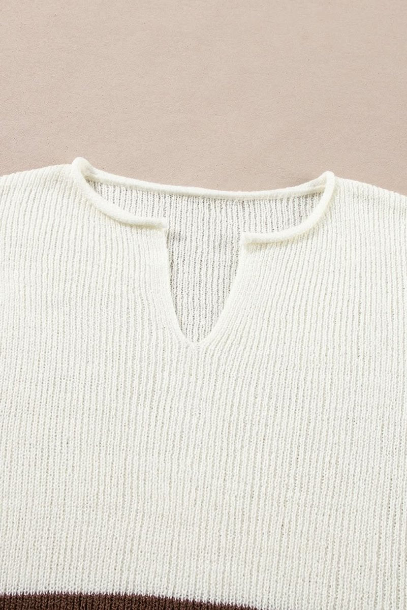 Brown Striped Accent Notched V Neck Cropped Sweater T Shirt