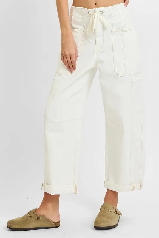 RISEN Plus White High Rise Crop Wide Barrel Cargo Jeans