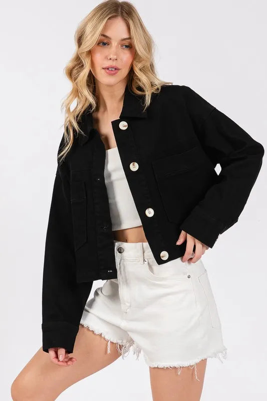 Bytos Button Down Cropped Denim Jacket With Patch Pockets Black Wash