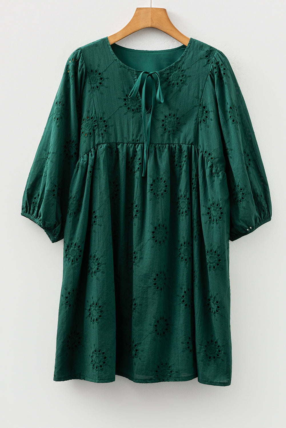 Blackish Green Eyelet Embroidered Swing Dress Puff Sleeve
