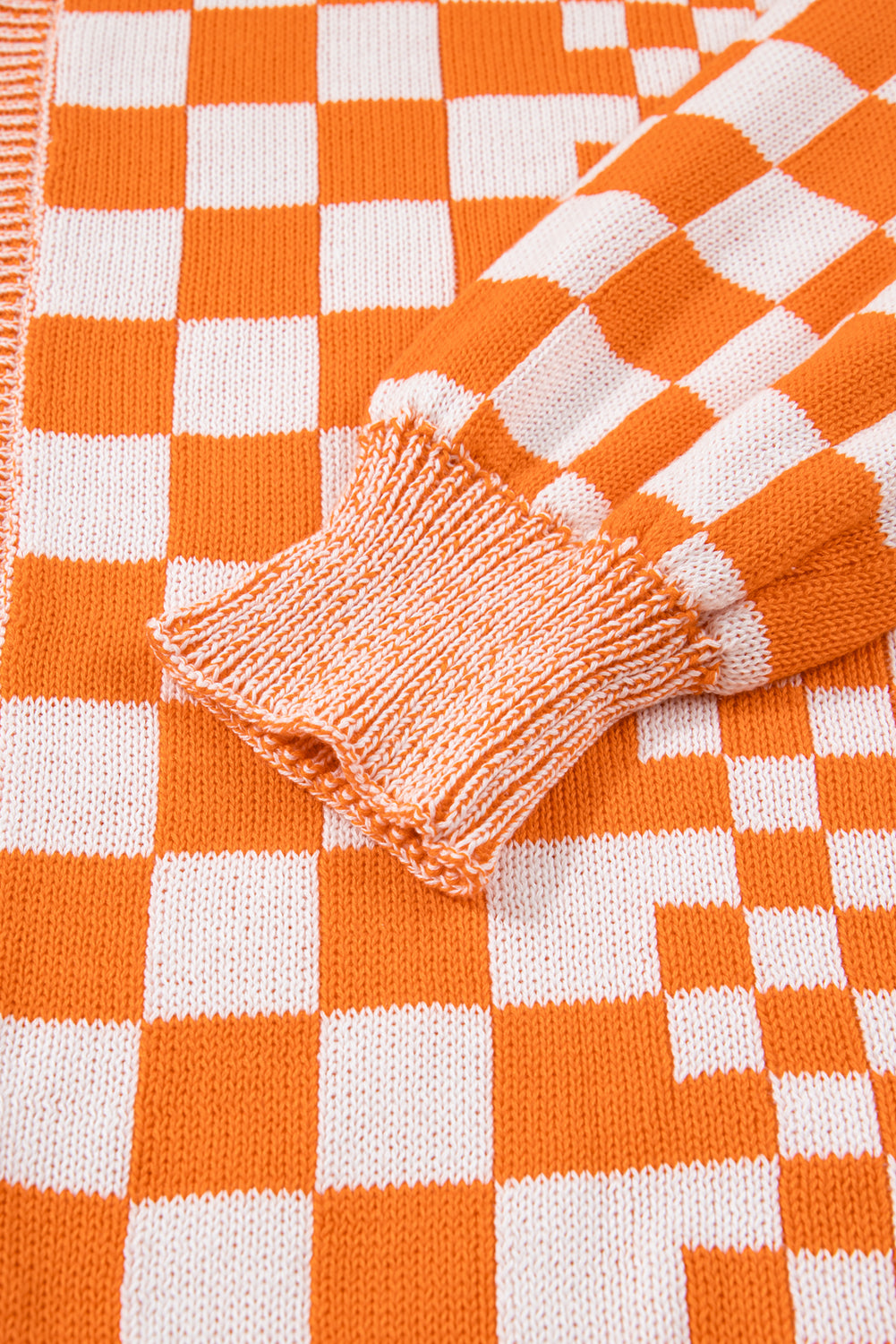 Orange Checkered Bubble Sleeve Drop Shoulder Open Cardigan