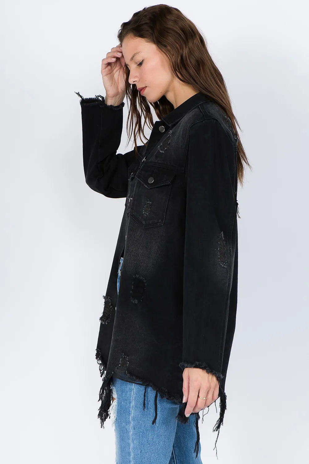 Trendsi American Bazi Distressed Frayed Hem Denim Jacket - Apparel & Accessories Clothing Shirts & Tops