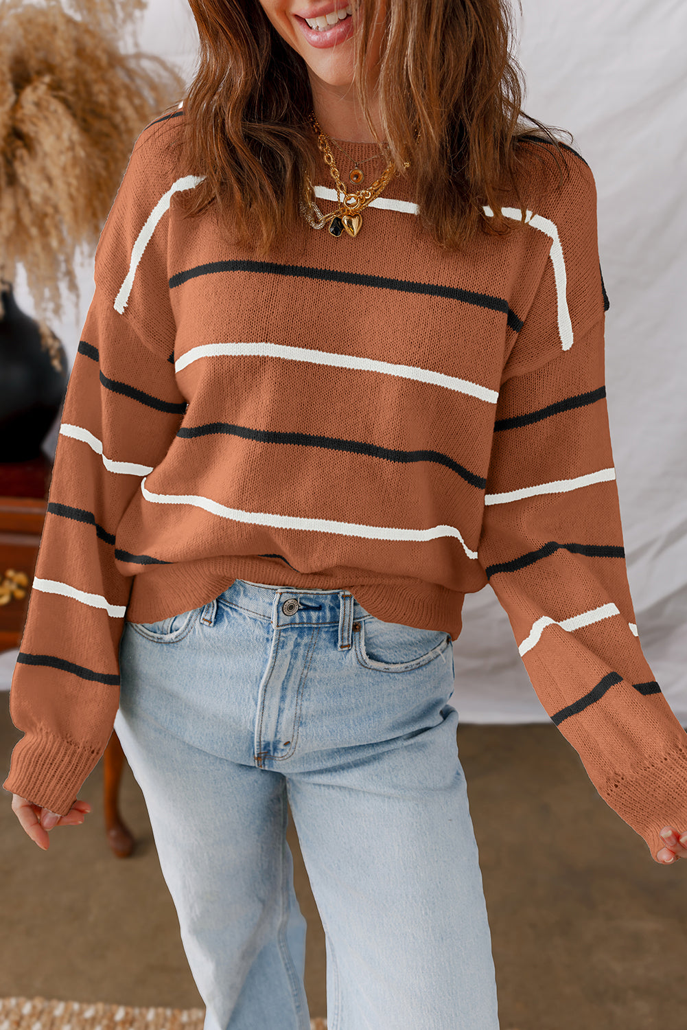 Brown Stripe Ribbed Edge Drop Shoulder Cozy Knit Sweater