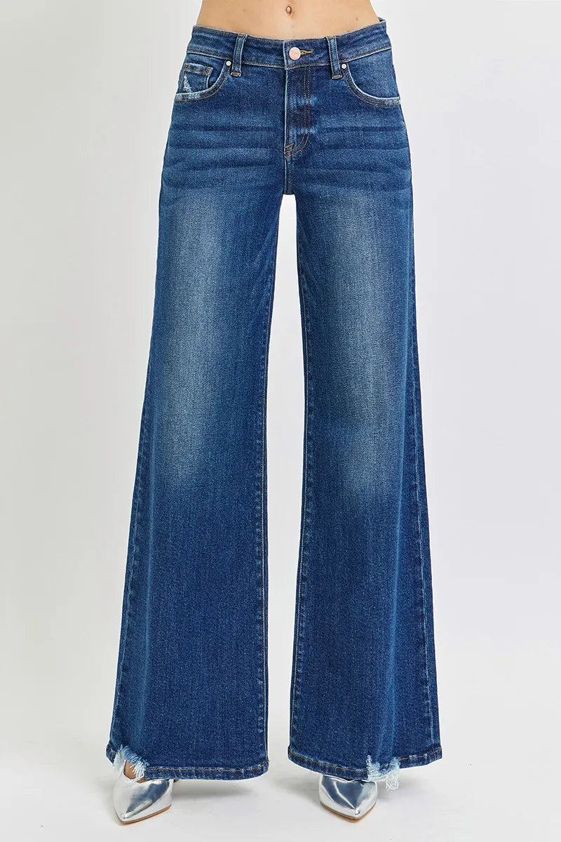 Risen Plus Size Mid Rise Wide Leg Flare Jeans Distressed