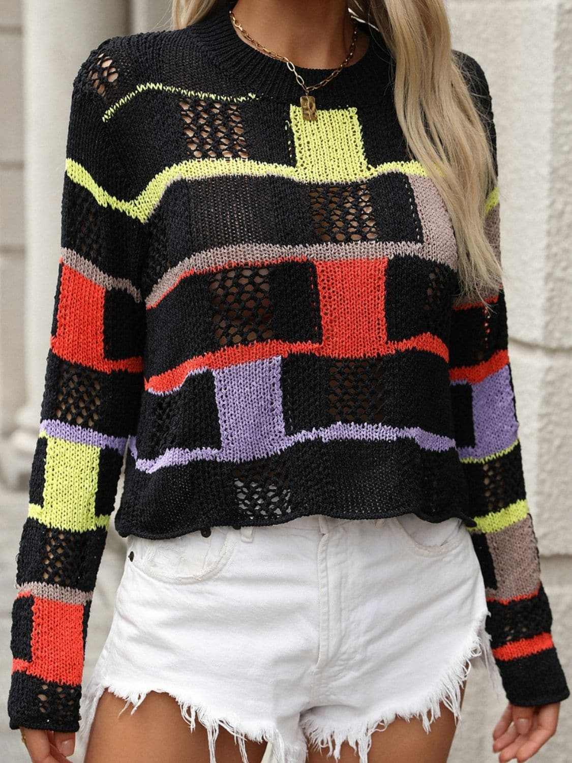 Colorful crochet round neck pullover
