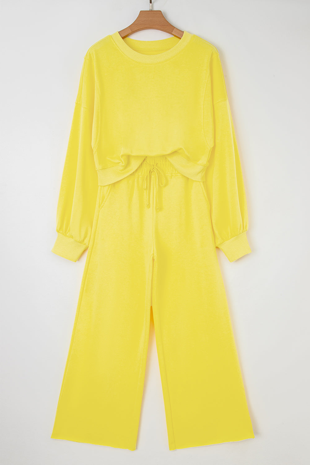 Yellow Cream Puff Sleeve Crop Top and Wide Leg Pants