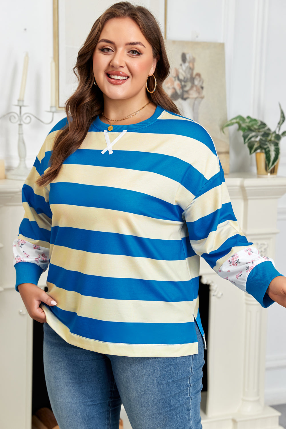 Blue Stripe Floral Color Block Drop Shoulder Plus Size Top