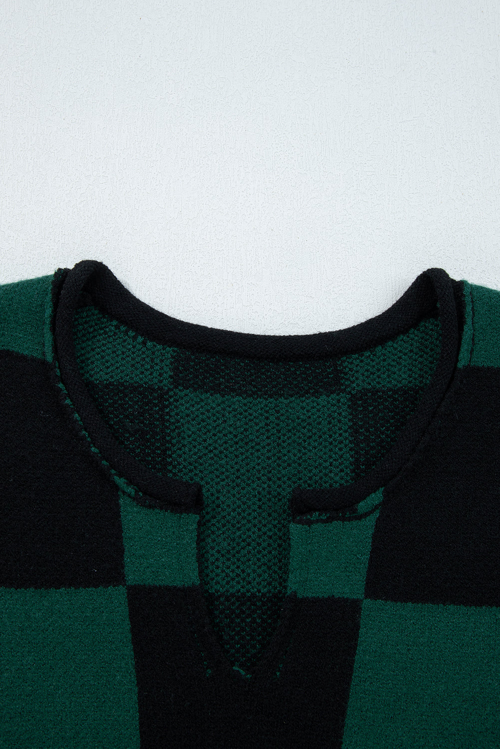 Premium Green Checked Notched Neckline Drop Shoulder Knit Sweater