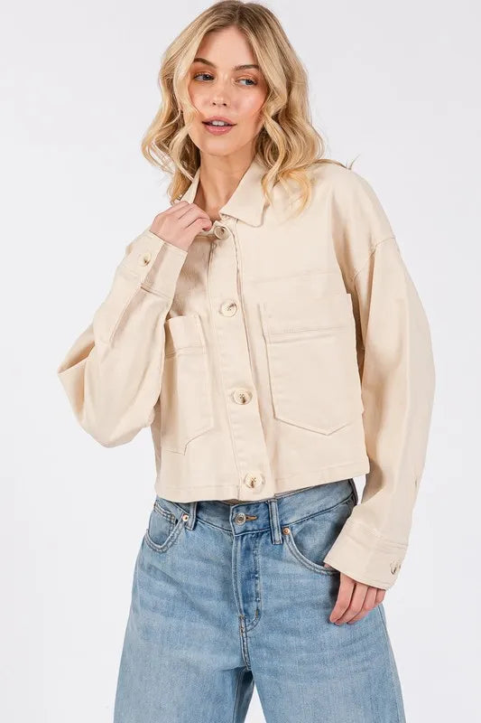 Bytos Button Down Cropped Denim Jacket With Patch Pockets In Cream