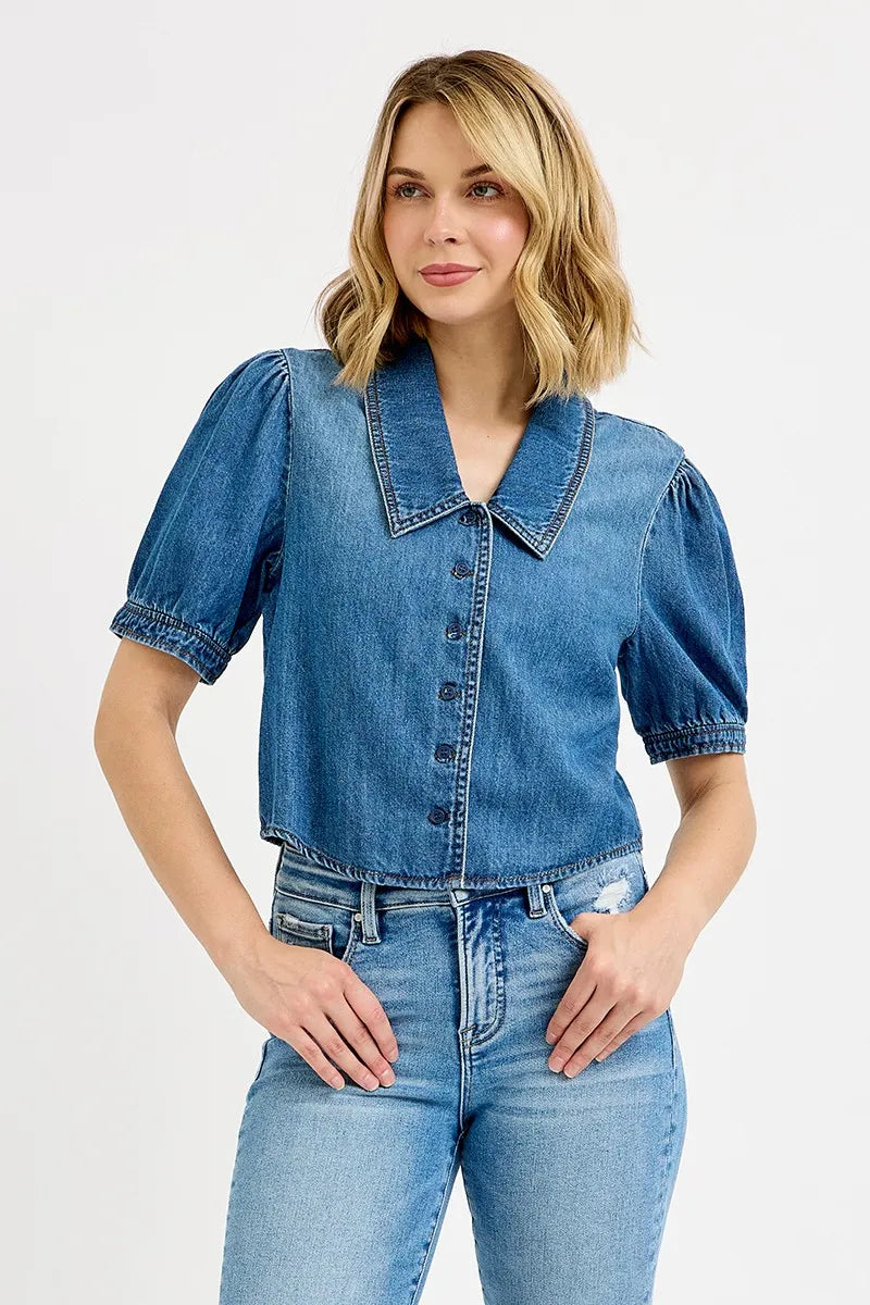 Risen Button Down Puff Sleeve Crop Denim Shirt For Women